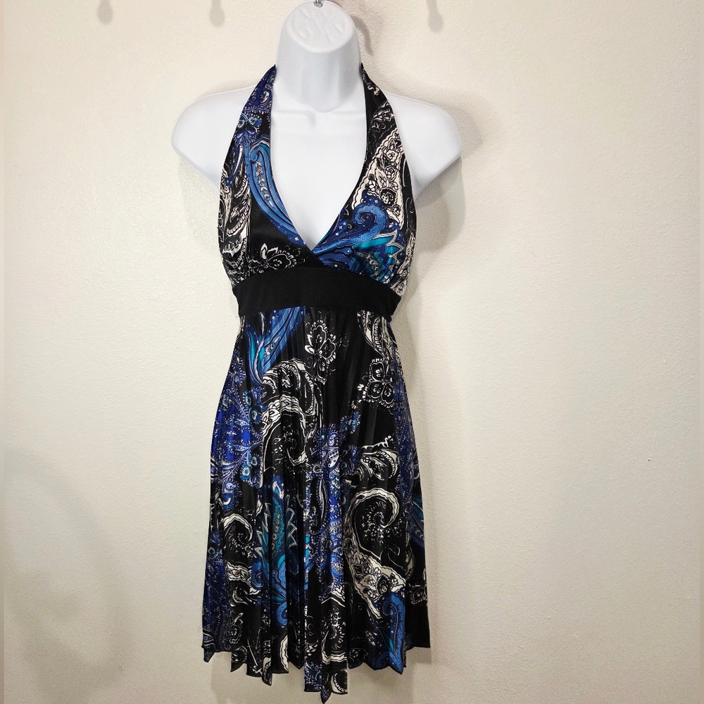 Black and Blue Halter Pleated Dress- Size: M